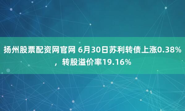 扬州股票配资网官网 6月30日苏利转债上涨0.38%，转股溢价率19.16%